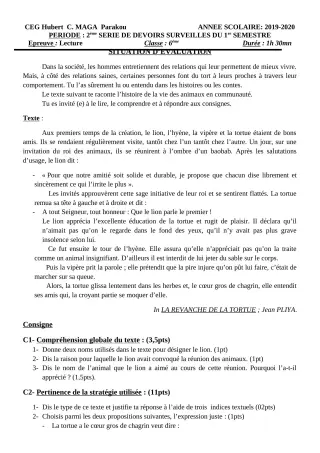Première page de Français 6e, 5e, 4e, 4e ML, 3e, 3e ML — 2e devoir surveillé, 1er semestre (2019-2020) · CEG Hubert C. MAGA