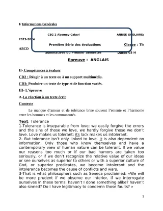 Première page de Anglais Tle B — 1re évaluation sommative, 1er semestre (2023-2024) · CEG2 ABOMEY - CALAVI (CEG ZOCA)