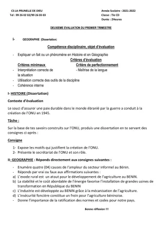 Première page de Histoire-Géographie Tle D — 1er trimestre (2021-2022) · CEPG La Prunelle de Dieu