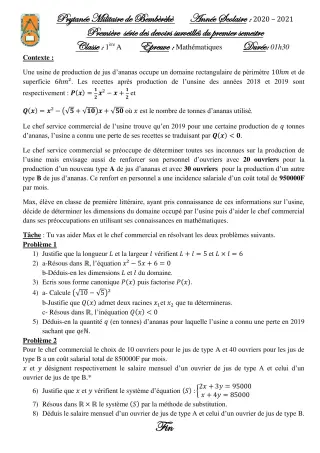 Première page de Mathématiques 1ère A — 1er devoir surveillé, 1er semestre (2020-2021) · PMB