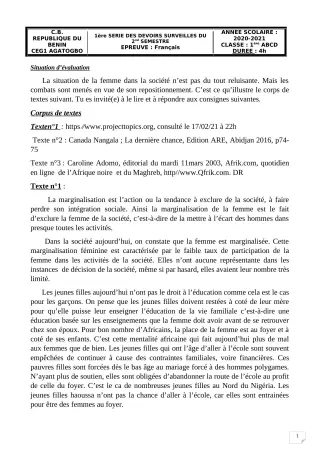 Première page de Français 1ère A2, 1ère B, 1ère C, 1ère D — 1er devoir surveillé, 2e semestre (2020-2021) · CEG 1 Agatogbo