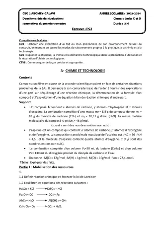 Première page de PCT 2nde D — Composition, 1er semestre (2023-2024) · CEG2 ABOMEY - CALAVI (CEG ZOCA)