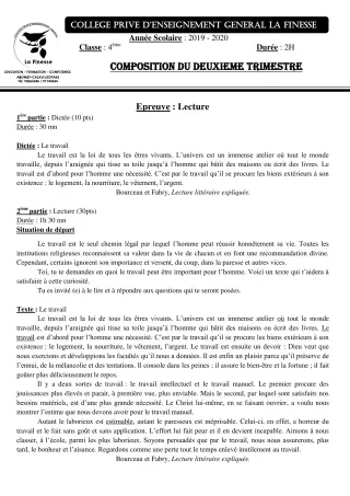 Première page de Français 4e — Composition, 2e trimestre (2019-2020) · CPEG La Finesse