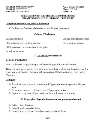Première page de Histoire-Géographie 2nde C, 2nde D — 2e devoir surveillé, 2e semestre (2019-2020) · CEG L'Entente