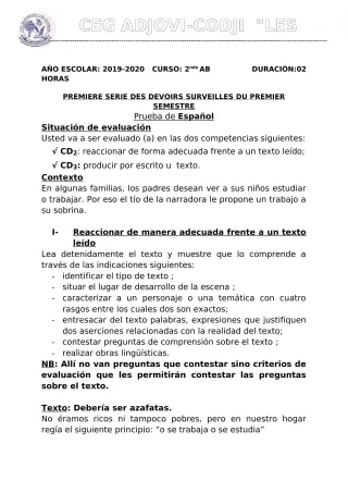Première page de Espagnol 2nde B — 1er devoir surveillé, 1er semestre (2019-2020) · CEG ADJOVICODJI 'LES OLIVIERS'