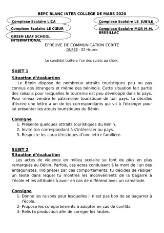 Première page de Examen Blanc de FRANCAIS — 3e, 3e ML — CPEG LICA (2019)