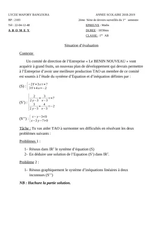 Première page de Mathématiques 1ère A & B — 2e devoir surveillé, 1er semestre (2018-2019) · Lycée Houegbadja d'Abomey (Ex Mafory Bangoura)
