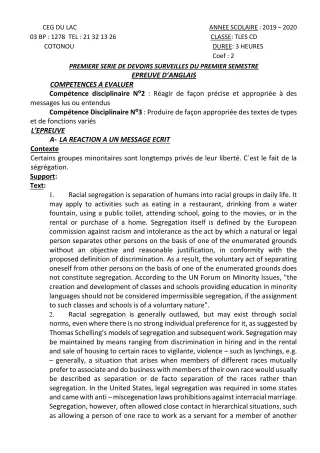 Première page de Anglais Tle C, Tle D — 1er devoir surveillé, 1er semestre (2019-2020) · CEG du Lac