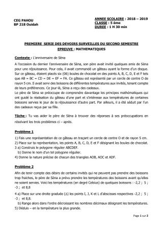 Première page de Mathématiques 5e — 1er devoir surveillé, 2e semestre (2018-2019) · CEG PAHOU