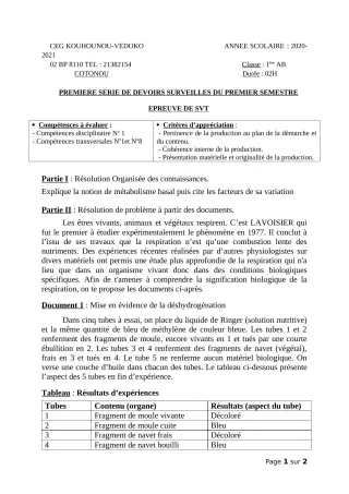 Première page de SVT 1ère A1, 1ère A2, 1ère B — 1er devoir surveillé, 1er semestre (2020-2021) · CEG Kouhounou-Vêdoko