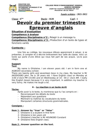 Première page de Anglais 6e, 5e, 4e, 4e ML, 3e, 3e ML, 2nde A2, 2nde B, 2nde D, 1ère A2, 1ère B, 1ère D, Tle A2, Tle B, Tle D — 1er devoir surveillé, 1er trimestre (2021-2022) · CPEG AGBOZO MEGBEDJI