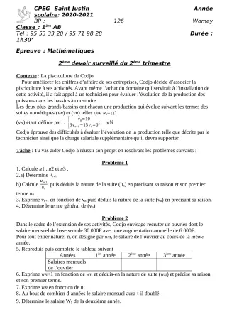 Première page de Mathématiques 2nde A2, 2nde B, 2nde C, 2nde D, 1ère A2, 1ère B, 1ère C, 1ère D — 2e devoir surveillé, 2e trimestre (2020-2021) · CPEG SAINT Justin