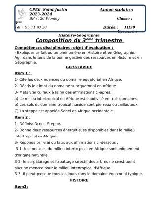 Première page de Histoire-Géographie 6e, 2nde A2, 2nde B, 2nde C, 2nde D — Composition, 3e trimestre (2023-2024) · CPEG SAINT Justin