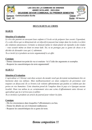 Première page de Français 3e — Composition, 1er semestre (2023-2024) · CEG SEKERE
