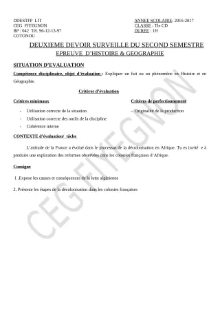 Première page de Histoire-Géographie Tle C, Tle D — 2e devoir surveillé, 2e semestre (2019-2020) · CEG FIYEGNON