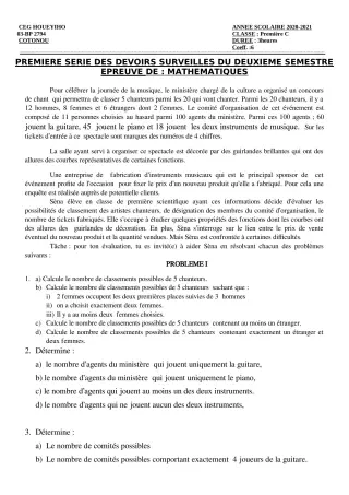 Première page de Mathématiques 1ère C — 1er devoir surveillé, 2e semestre (2020-2021) · CEG HOUEYIHO