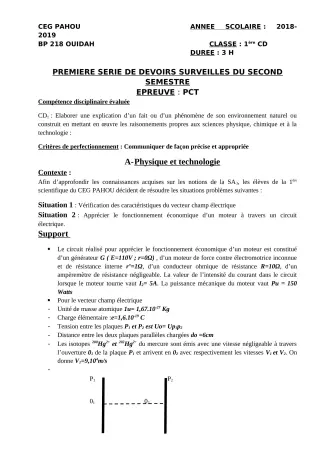 Première page de PCT 1ère C, 1ère D — 1er devoir surveillé, 2e semestre (2018-2019) · CEG PAHOU