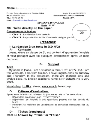 Première page de Anglais 6e — 1er devoir surveillé, 1er trimestre (2020-2021) · CPEG LICA
