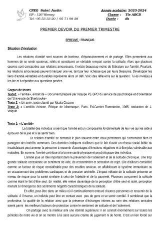 Première page de Français Tle A2, Tle B, Tle C, Tle D — 1er devoir surveillé, 1er trimestre (2023-2024) · CPEG SAINT Justin