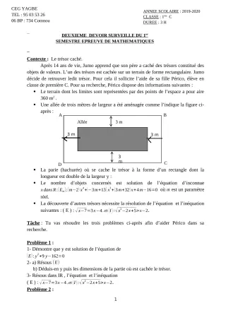 Première page de Mathématiques 1ère C, 1ère D — 2e devoir surveillé, 1er semestre (2019-2020) · CEG Yagbe