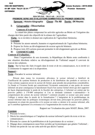 Première page de Histoire-Géographie Tle A1, Tle A2, Tle B — 1re évaluation sommative, 1er semestre (2019-2020) · CEG Dantokpa