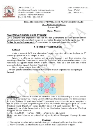 Première page de PCT 2nde C, 2nde D — Production scolaire, 2e semestre (2020-2021) · CEG Sainte Rita