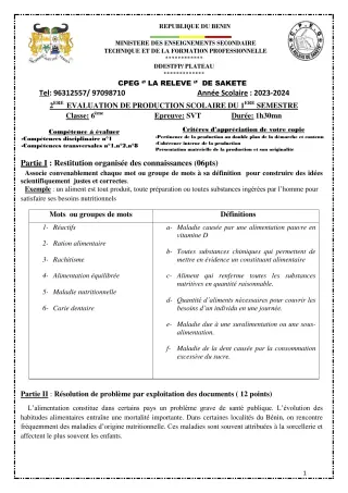 Première page de SVT 6e — Production scolaire, 1er semestre (2023-2024) · CPEG LA RELEVE