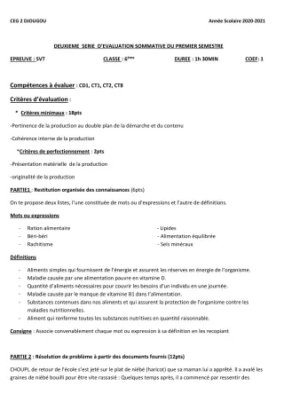 Première page de SVT 6e — Évaluation sommative, 1er semestre (2020-2021) · CEG 2 Djougou