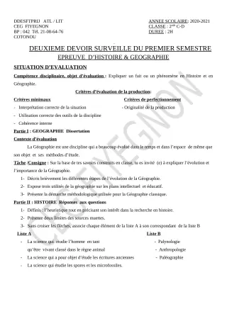 Première page de Histoire-Géographie 2nde C, 2nde D — 2e devoir surveillé, 1er semestre (2020-2021) · CEG FIYEGNON
