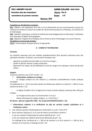 Première page de PCT Tle D — 1re évaluation sommative, 1er semestre (2023-2024) · CEG2 ABOMEY - CALAVI (CEG ZOCA)