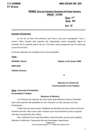 Première page de Français 4e — 1re évaluation sommative, 1er semestre (2019-2020) · CEG Kpanroun