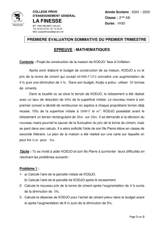 Première page de Mathématiques 2nde A1, 2nde A2, 2nde B — 1re évaluation sommative, 1er trimestre (2024-2025) · CPEG La Finesse