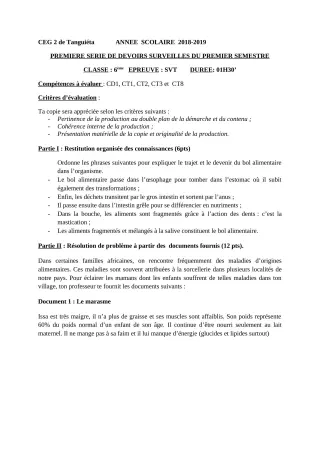 Première page de SVT 6e — 1er devoir surveillé, 1er semestre (2018-2019) · CEG2 TANGUIETA