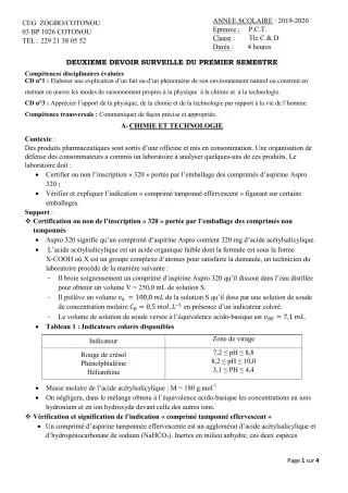 Première page de PCT Tle C, Tle D — 2e devoir surveillé, 1er semestre (2019-2020) · CEG ZOGBO