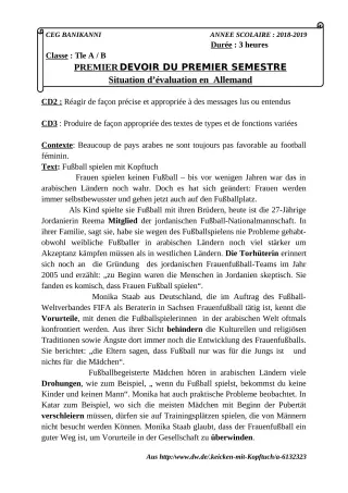 Première page de Allemand 3e ML, 2nde A2, 2nde B, 1ère A2, 1ère B, Tle A1, Tle A2, Tle B — 1er devoir surveillé, 1er semestre (2018-2019) · CEG Banikanni
