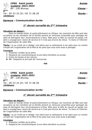 Première page de Français 6e, 5e — 1er devoir surveillé, 2e trimestre (2021-2022) · CPEG SAINT Justin