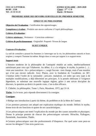 Première page de Philosophie 2nde C — 1er devoir surveillé, 1er semestre (2019-2020) · CEG Le Littoral