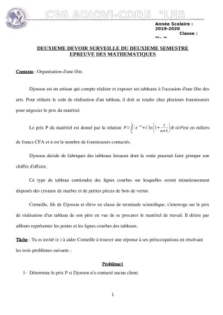 Première page de Mathématiques Tle D — 2e devoir surveillé, 2e semestre (2019-2020) · CEG ADJOVICODJI 'LES OLIVIERS'
