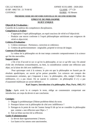 Première page de Philosophie 2nde C, 2nde D — 1er devoir surveillé, 2e semestre (2020-2021) · CEG LE NOKOUE