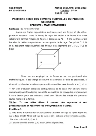 Première page de Mathématiques 2nde D — 1er devoir surveillé, 1er semestre (2021-2022) · CEG PAHOU