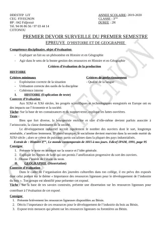 Première page de Histoire-Géographie 3e — 1er devoir surveillé, 1er semestre (2019-2020) · CEG FIYEGNON