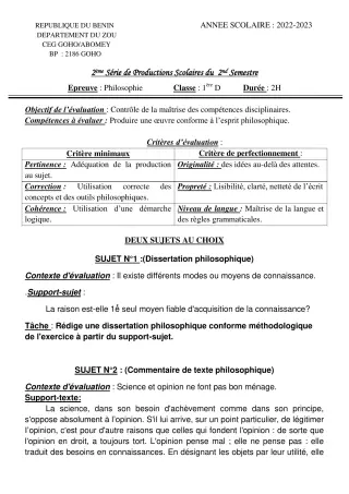 Première page de Philosophie 1ère D — 2e production scolaire, 2e semestre (2022-2023) · CEG GOHO