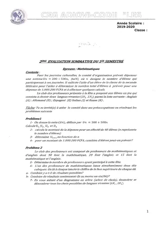 Première page de Mathématiques 2nde B — Évaluation sommative (2019-2020) · CEG ADJOVICODJI 'LES OLIVIERS'