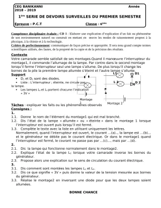 Première page de PCT 6e — 1er devoir surveillé, 1er semestre (2018-2019) · CEG Banikanni