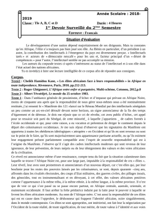 Première page de Français Tle A1, Tle A2, Tle B, Tle C, Tle D — 1er devoir surveillé, 2e semestre (2018-2019) · CEG Albarika