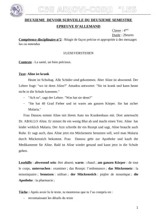 Première page de Allemand 4e ML — 2e devoir surveillé, 2e semestre (2019-2020) · CEG ADJOVICODJI 'LES OLIVIERS'