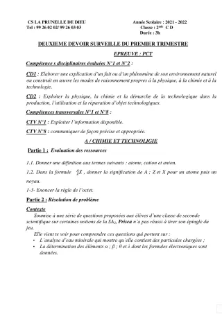 Première page de PCT 2nde D, 1ère D, Tle D — 2e devoir surveillé, 1er trimestre (2021-2022) · CEPG La Prunelle de Dieu