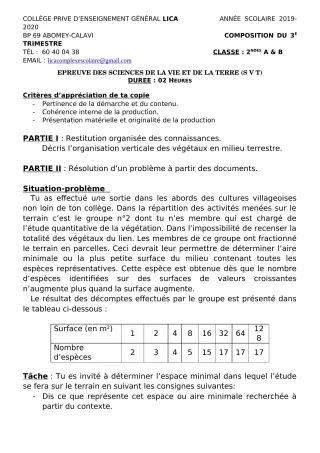 Première page de SVT 2nde A2, 2nde B — Composition, 1er trimestre (2019-2020) · CPEG LICA