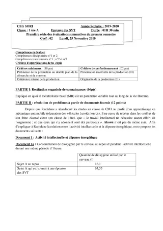 Première page de SVT 1ère A — 1re évaluation sommative, 1er semestre (2019-2020) · CEG SORI