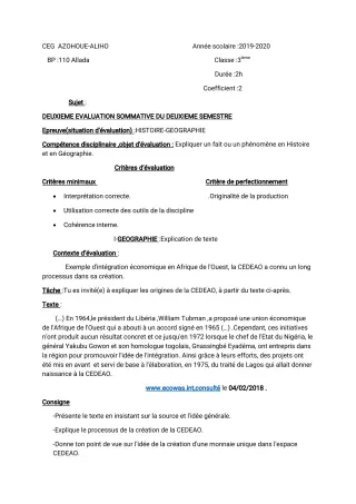Première page de Histoire-Géographie 3e, 3e ML — 2e évaluation sommative, 2e semestre (2019-2020) · CEG AZOHOUE-ALIHO